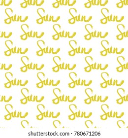 Summer beach vector seamless pattern with sun lettering. Bright endless background with summertime holidays symbols. Hand draw illustration.