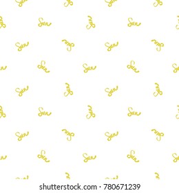 Summer beach vector seamless pattern with sun lettering. Bright endless background with summertime holidays symbols. Hand draw illustration.