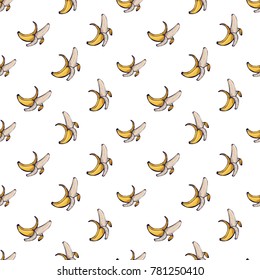 Summer beach vector seamless pattern with peeled banana. Bright endless background with summertime holidays symbols. Hand draw illustration.