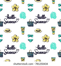 Summer beach vector seamless pattern. Bright endless background with summertime holidays symbols. Hand draw illustration.