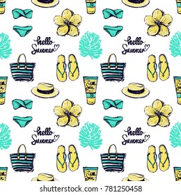 Summer beach vector seamless pattern. Bright endless background with summertime holidays symbols. Hand draw illustration.