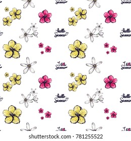 Summer beach vector seamless pattern. Bright endless background with summertime holidays symbols. Hand draw illustration.