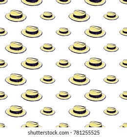 Summer beach vector seamless pattern with trendy straw hat. Bright endless background with summertime holidays symbols. Hand draw illustration.