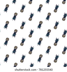 Summer beach vector seamless pattern with blue pineapple. Bright endless background with summertime holidays symbols. Hand draw illustration.