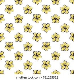 Summer beach vector seamless pattern with yellow tropic flower. Bright endless background with summertime holidays symbols. Hand draw illustration.