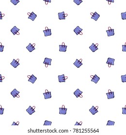 Summer beach vector seamless pattern with blue beach bag. Bright endless background with summertime holidays symbols. Hand draw illustration.