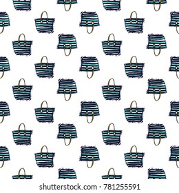 Summer beach vector seamless pattern with striped beach bag. Bright endless background with summertime holidays symbols. Hand draw illustration.