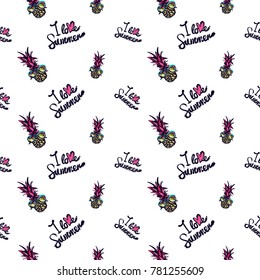 Summer beach vector seamless pattern with pink pineapple sunglasses and I love summer lettering. Bright endless background with summertime holidays symbols. Hand draw illustration.