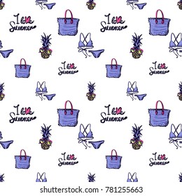 Summer beach vector seamless pattern. Bright endless background with summertime holidays symbols. Hand draw illustration.