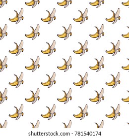 Summer beach vector seamless pattern with peeled banana. Bright endless background with summertime holidays symbols. Hand draw illustration.