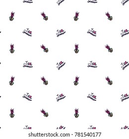 Summer beach vector seamless pattern with pink pineapple sunglasses and I love summer lettering. Bright endless background with summertime holidays symbols. Hand draw illustration.