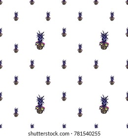 Summer beach vector seamless pattern with blue pineapple sunglasses. Bright endless background with summertime holidays symbols. Hand draw illustration.