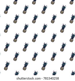 Summer beach vector seamless pattern with blue pineapple. Bright endless background with summertime holidays symbols. Hand draw illustration.