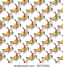 Summer beach vector seamless pattern with peeled banana. Bright endless background with summertime holidays symbols. Hand draw illustration.