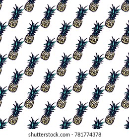 Summer beach vector seamless pattern with blue pineapple. Bright endless background with summertime holidays symbols. Hand draw illustration.