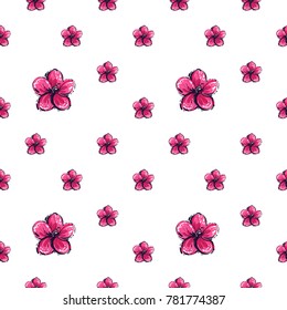 Summer beach vector seamless pattern with pink tropic flower. Bright endless background with summertime holidays symbols. Hand draw illustration.