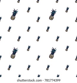 Summer beach vector seamless pattern with blue pineapple. Bright endless background with summertime holidays symbols. Hand draw illustration.