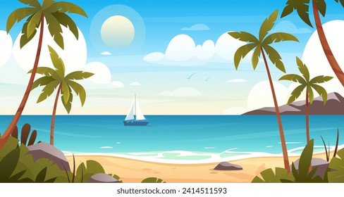 Summer beach. Vector seaside landscape with coast, mountains, palm trees, sea, ocean, waves, ship, beautiful sky with clouds. Paradise nature vacation. Seascape background. Outdoor travel panorama