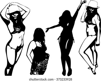 Summer beach vector set of black silhouettes of girls in bathing suits. Women in elegant poses on white background in vector format