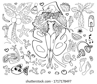 Summer, beach vector set in Doodle style, black outline on a white background.The mood of vacation, travel, relaxation.Palm trees, marine life, fruit, ice cream, cocktails, music, diving, beach tennis