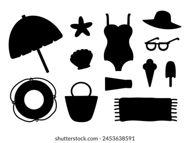 Summer beach vector set silhouette. Design elements, icon for summer holiday. Isolated on white background