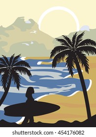 Summer Beach Vector with silhouette woman surfing