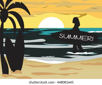 Summer Beach Vector with surf silhouette woman 