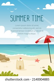 Summer beach vertical banner. Paradise sea coast poster template with text. Summertime vacation advertisement.