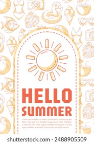 Summer beach vertical poster a4, vector orange modern minimalist design with seasonal line icons pattern, space for text. For banner, book cover, notebook, card, invitation, advertising or planner
