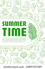 Summer beach vertical poster a4, vector green modern minimalist design with seasonal line icons pattern, space for text. For banner, book cover, notebook, card, invitation, advertising or planner
