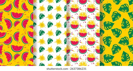 Summer beach vibe seamless pattern set. Bright backgrounds with juicy fruits and tropical leaves. Summer vacation mood prints, vector graphics