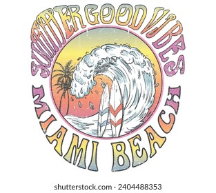 Summer beach vibes. Summer good vibes. Long beach summer time print design artwork. Beach Paradise Print t shirt graphics design, typography slogan on palm trees background. 