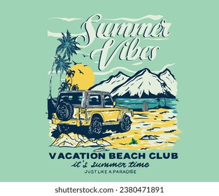 Summer beach vibes. Mountain with car. Beach hand sketch graphic print design for t shirt print, poster, sticker, background and other uses. Summer vacation. 