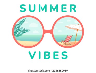 Summer beach vibes. Sun lounger reflection glasses under an umbrella on a tropical beach. Suitable for printing on t-shirts, posters, cards, labels, mugs and other gifts. Vector