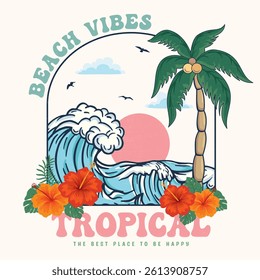 Summer Beach Vibes, text with a waves illustration, for t-shirt prints, posters. Summer Beach Vector illustration.