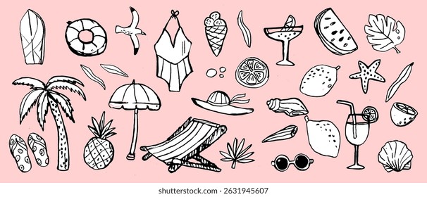Summer beach vibes: tropical elements and refreshing drinks in black and white doodles. dolce vita summer doodle vector illustration. Italian style.