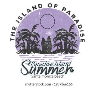  Summer beach vibes with tropical paradise vector print design for apparel and others. Surfing board t shirt design. palm tree vector design.