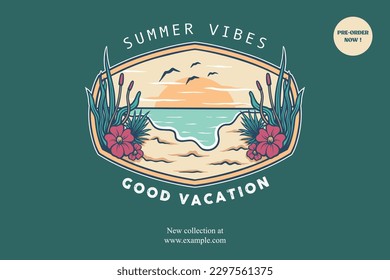 Summer beach vibes vector design with vintage tropical