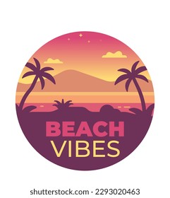 Icono vectorial de la playa de verano. Ilustración de playa con palmeras, mar e islas. Ilustración atmosférica de la playa al atardecer