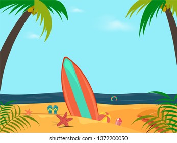 Summer beach view background with beach elements such as coconut tree, surfboard, and starfish.