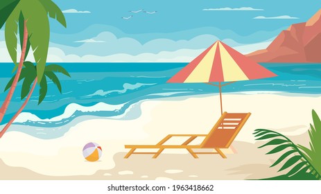 Summer beach view, banner in flat cartoon design. Seaside resort, sandy beach with sun lounger, ball, palm trees and leaves. Holidays on tropical island concept. Vector illustration of web background