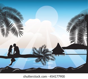 Summer Beach view Card Vector. Romantic Couple and Palm Trees silhouette 