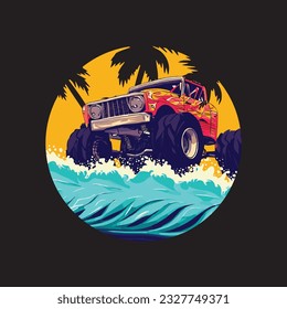 Summer beach view with monster car t-shirt design. It's a stylish summer t-shirt and clothing apparel trendy design with coconut tree silhouettes that can be printed on a t-shirt or hoodie.