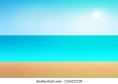 Sommerblick auf den Strand. Tropischer Hintergrund für Sommerferien. Meer, Sand, Himmel, Sonne.Stock-Vektorgrafik.