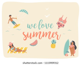 Summer beach vintage poster with minimalistic characters. We love summer