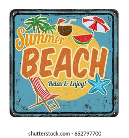 Summer beach vintage rusty metal sign on a white background, vector illustration