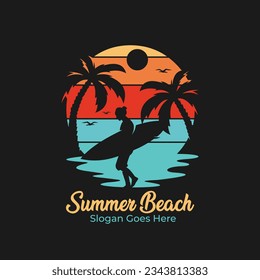 Summer Beach Vintage T-Shirts Vector Silhouette Man Surfboard Sunset Sunrise