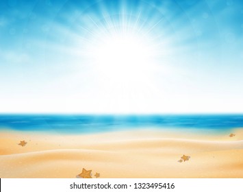 Summer beach virw of sun burst with blue sky background. Decorating for traveling in nature time. You can use for ad, poster, print, artwork. illustration vector eps10