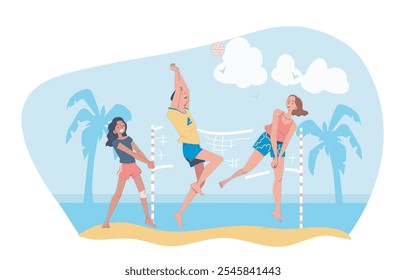 Voleibol de playa de verano. Hombres y mujeres juegan voleibol en el mar. Estilo de vida activo y deportes de equipo. Hobby y ocio. Fitness y ejercicio. Ilustración vectorial plana aislada sobre fondo blanco