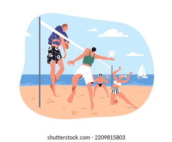 Summer Beach Volleyball. People Teams Playing Volley Ball With Net On Sand At Sea Coast On Holiday. Beachvolley, Seaside Sport Activity. Flat Vector Illustration Isolated On White Background